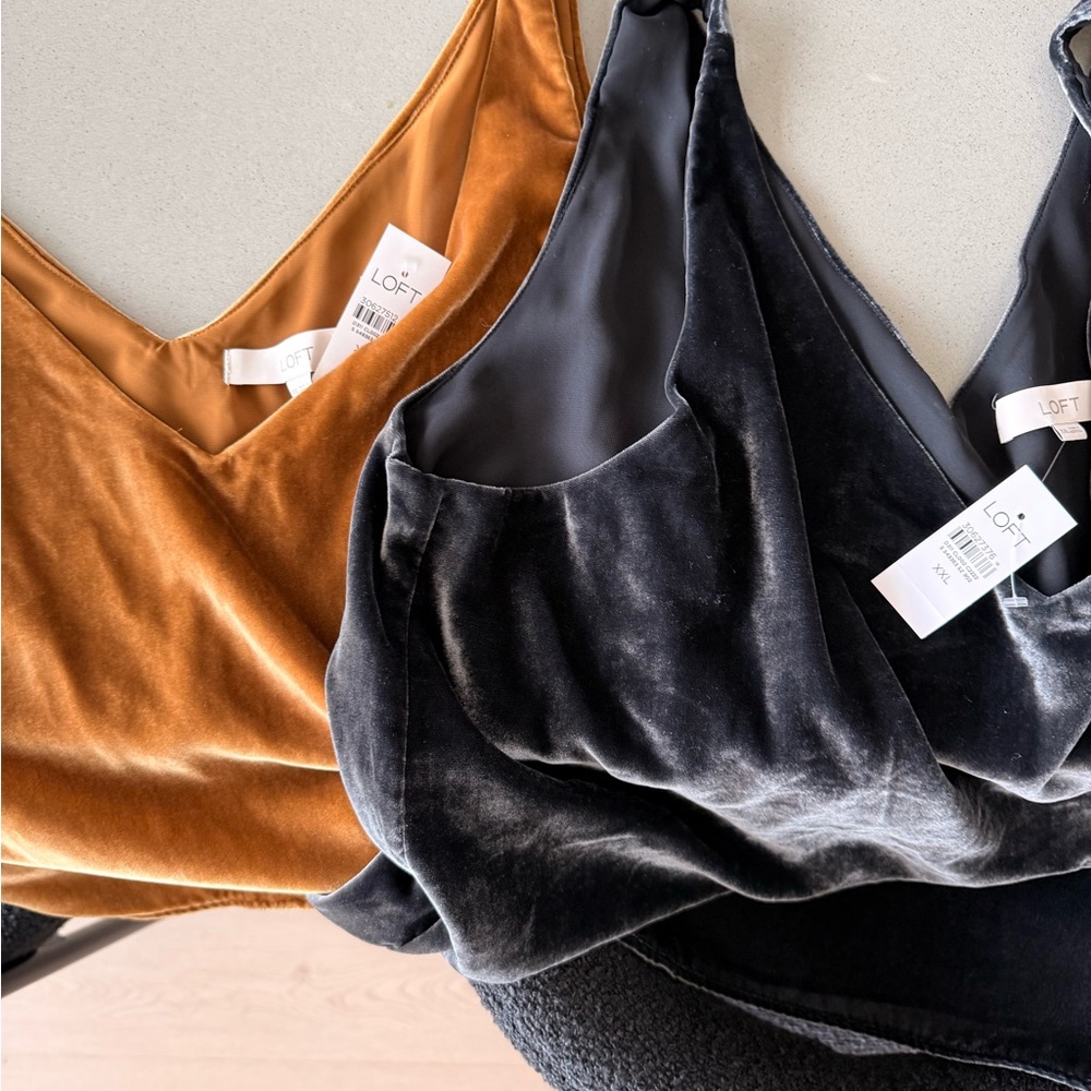 LOFT 2 Velvet V neck tank Tops in Rich charcoal and Warm gold XXL NWT